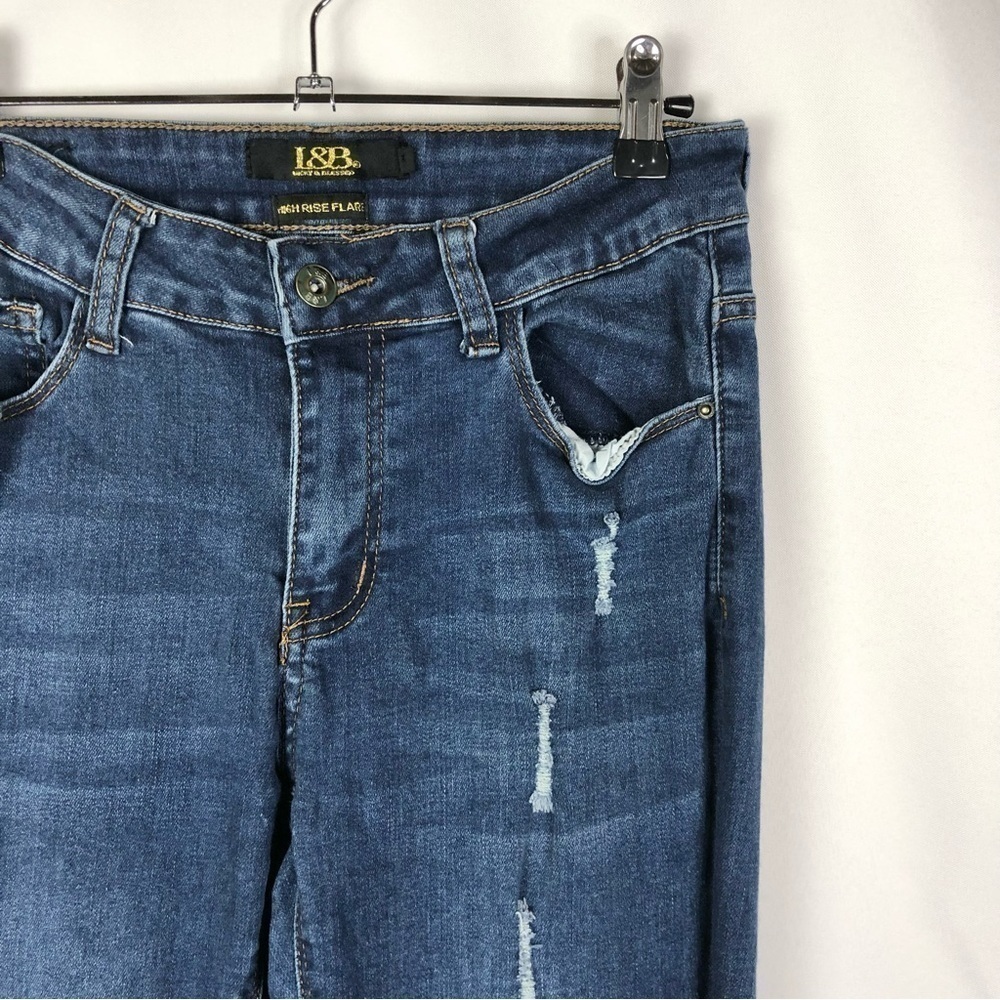 Boutique L&B Lucky & Blessed Dark Wash High Rise Flare Distressed Jeans 4 View 3
